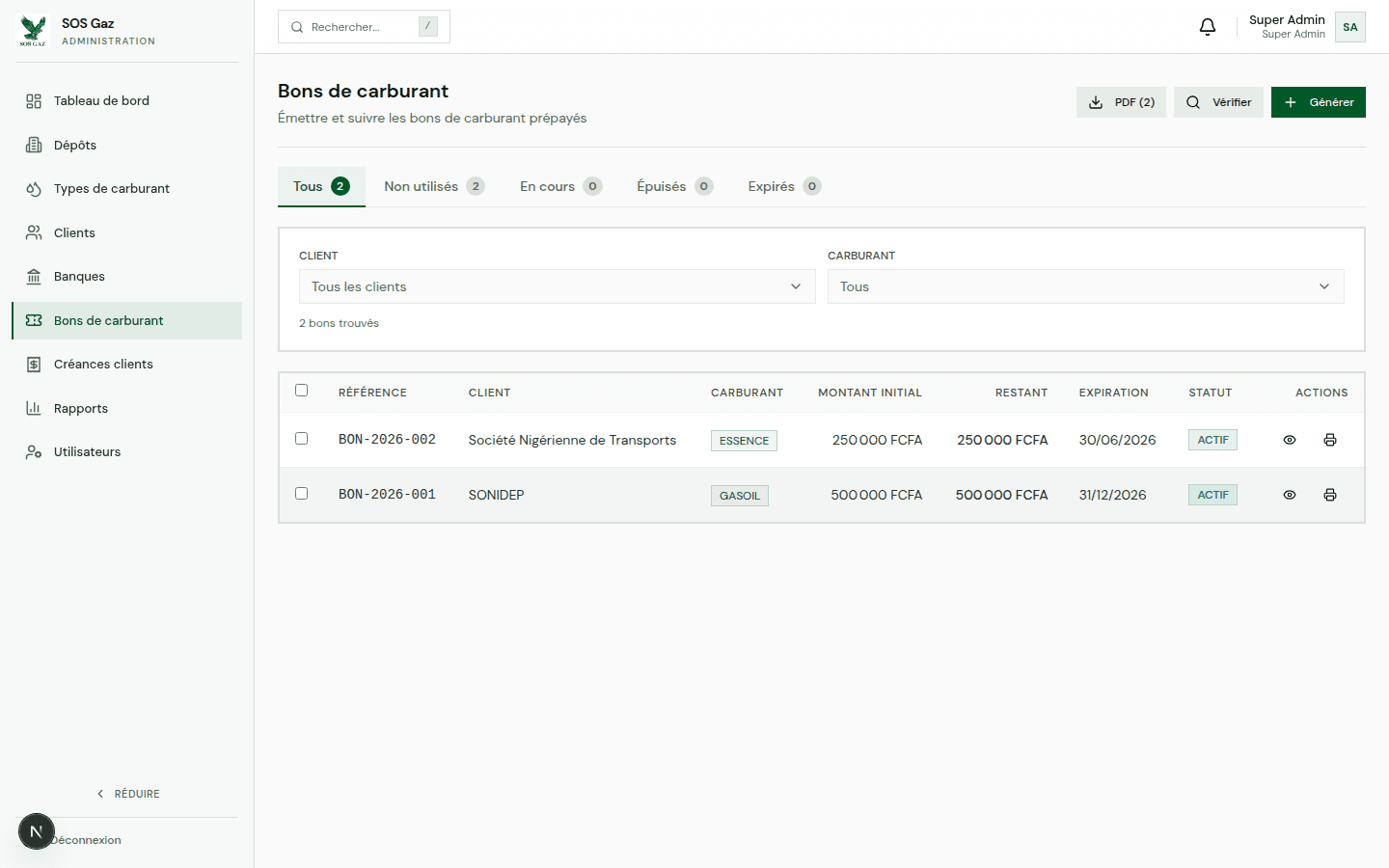 Gestion des bons d'essence